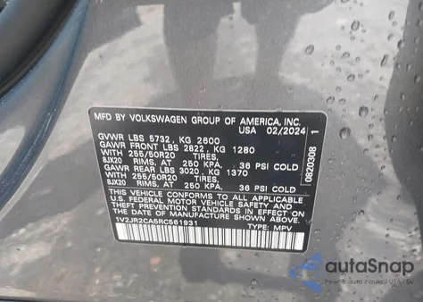 2024 Volkswagen Atlas 2.0T Se W/Technology z USA, uszkodzony, nr VIN 1V2JR2CA5RC561931